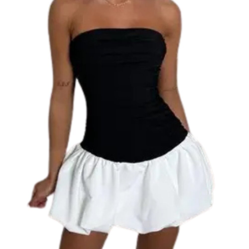Camila Coelho Black White Strapless Bubble Hem Mini Dress - Size M Like New